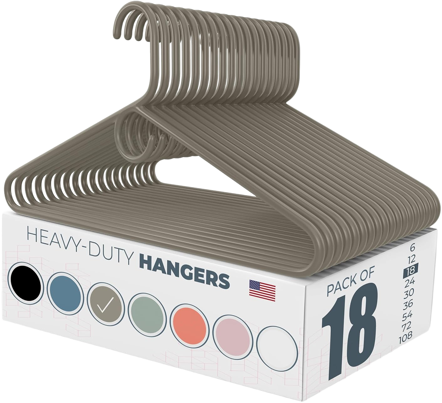 Made in USA Heavy Duty Plastic Clothes Hangers - 18pk Gray, Strong for Jackets and Coats, Bulk Pack Options Available