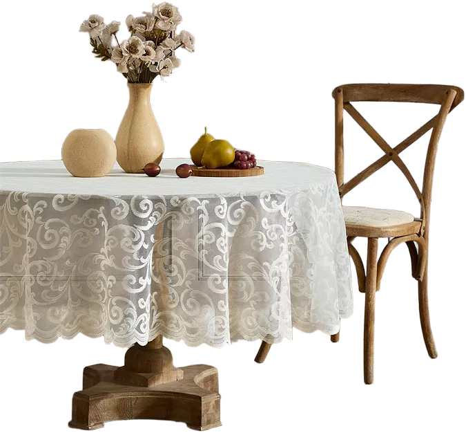 HLC.ME Scroll Lace Fabric Tablecloth, Lace Fabric Table Cloth for Round Tables, Wrinkle Resistant Tablecloth, Patterned Scalloped Tablecloth (90 Round, Ivory)