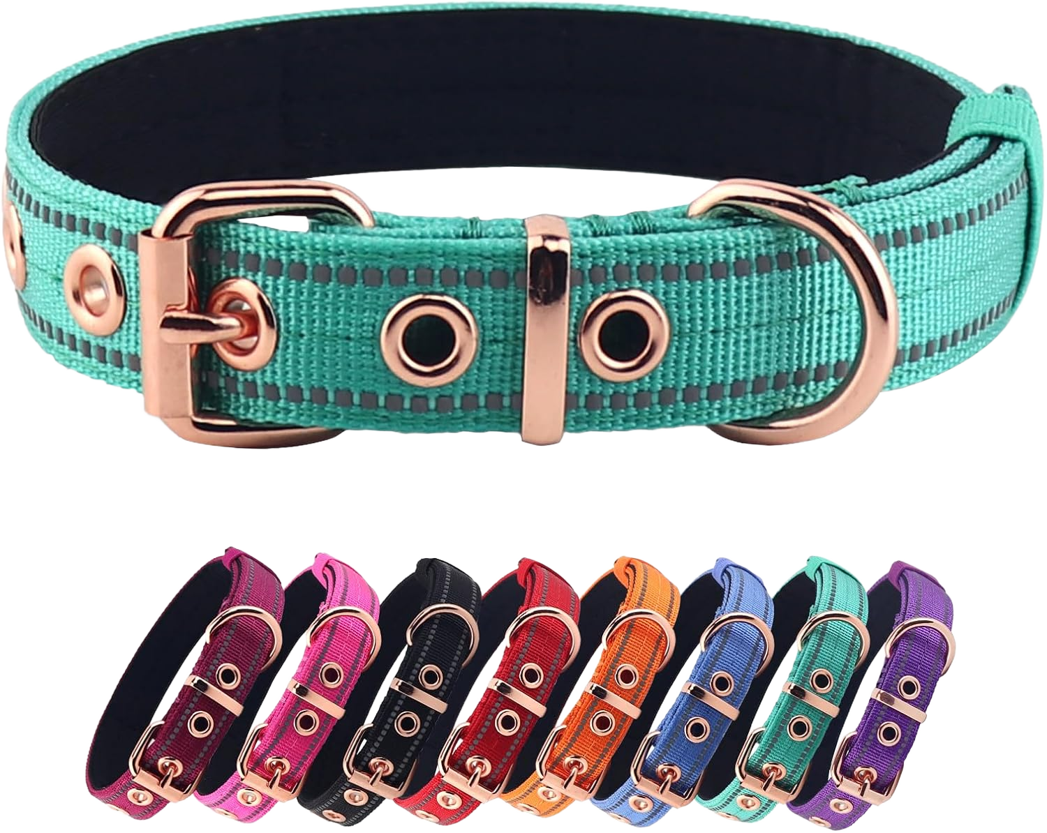 Neoprene Padded Dog Collar - Nylon, Heavy Duty With Metal Buckle, Adjustable Reflective for Small Medium Large Dogs (Large, Teal) Large (Pack of 1) Teal