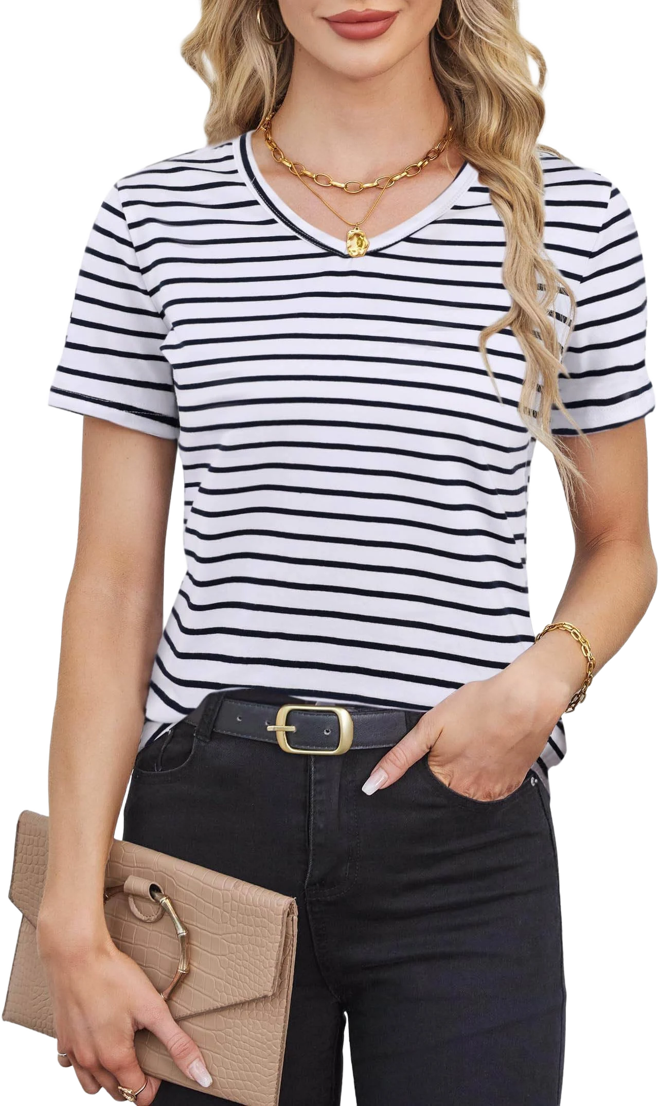 Lilycoco Women's Loose Fit V-Neck Striped Shirt