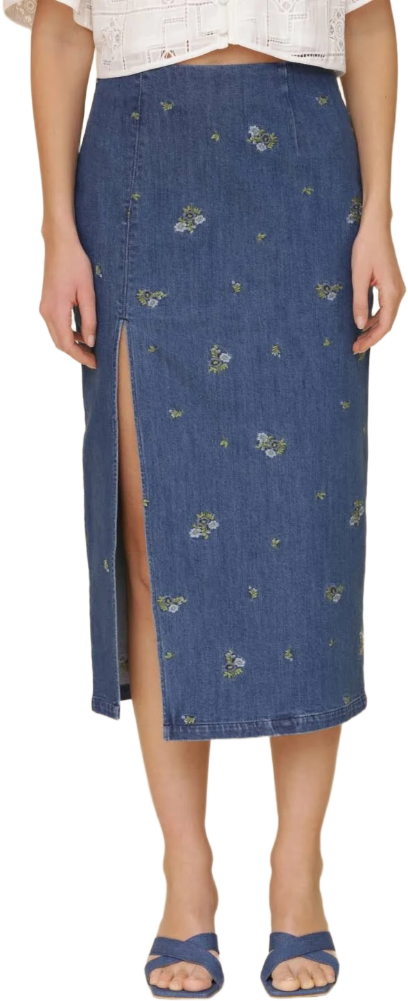AVEC LES FILLES Women's Floral Embroidered Denim Midi Skirt