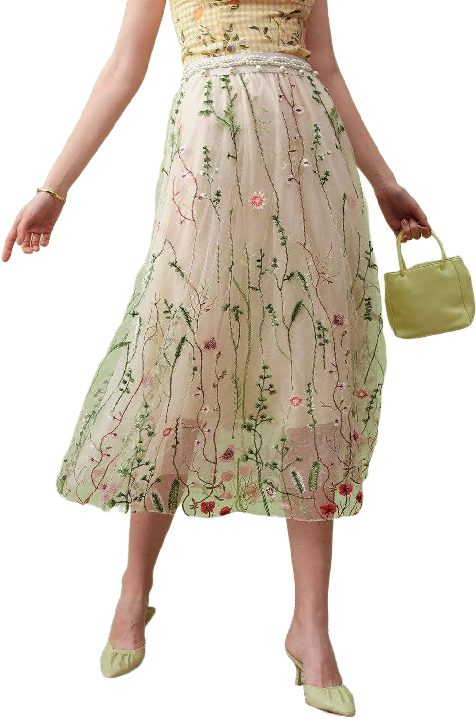 Romantic Elegant Floral Embroidery High Waisted A-Line Midi Skirt