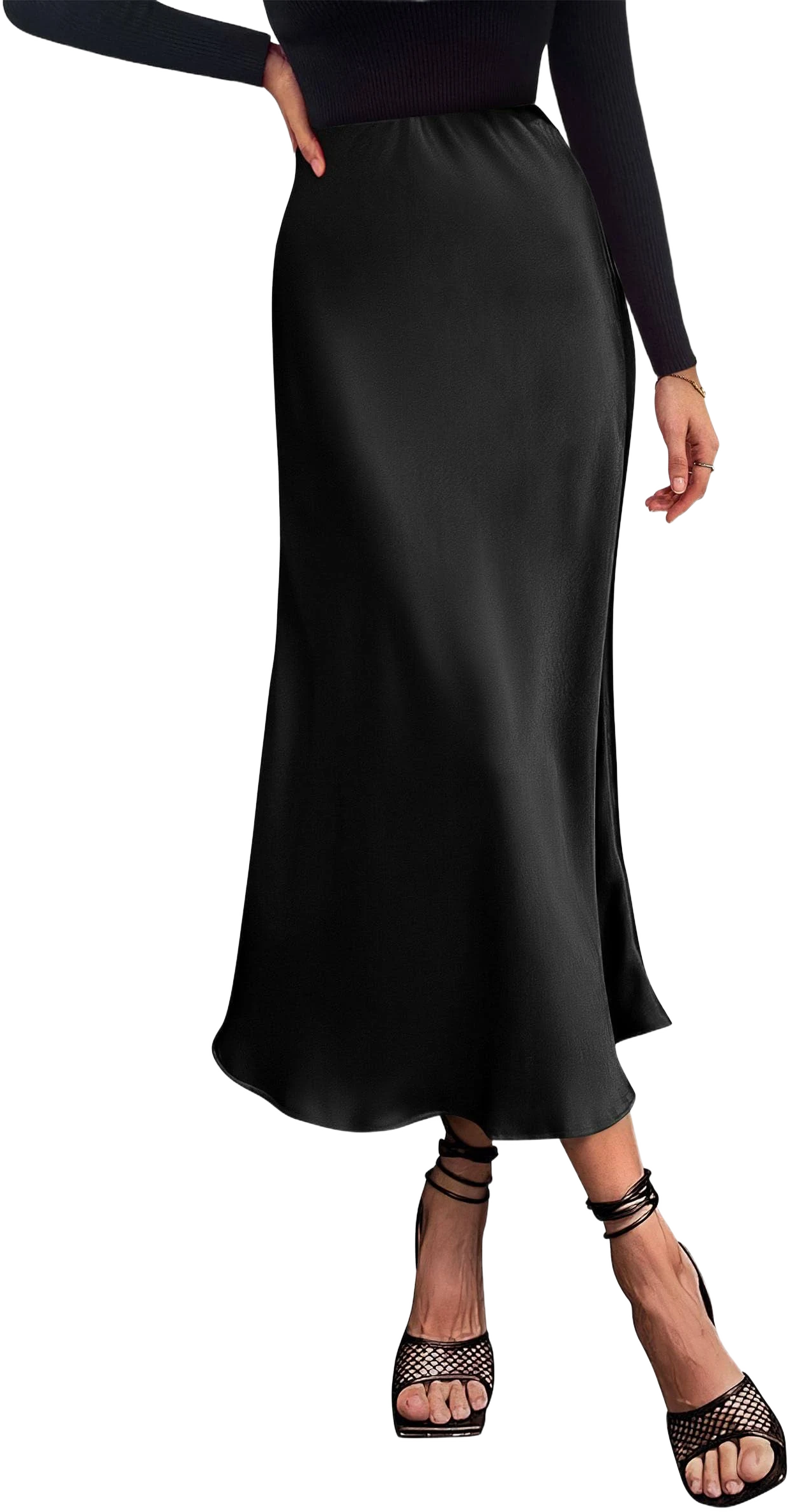 PRETTYGARDEN Women's Dressy Casual High Waisted A-Line Ruffle Satin Midi