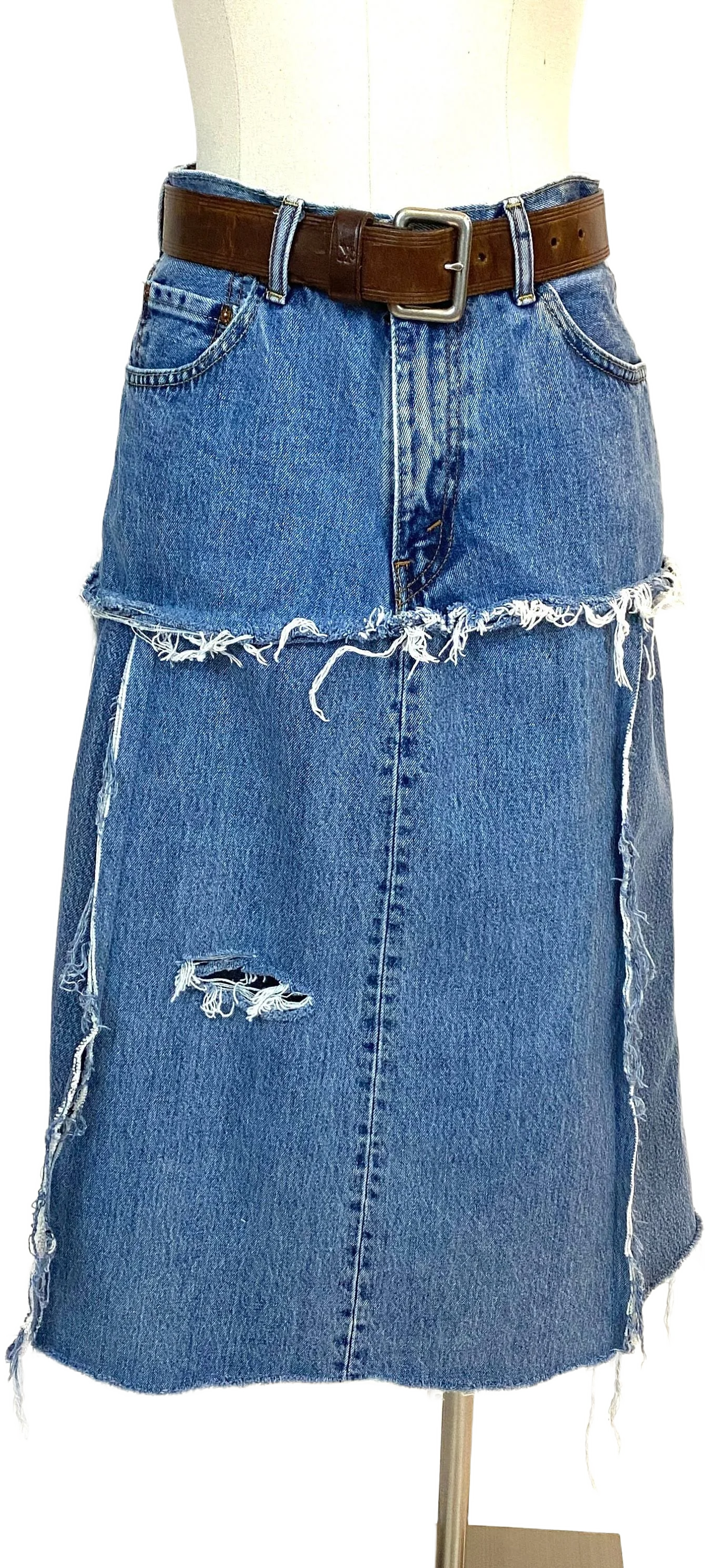 Custom Handmade Tattered Denim Midi Skirt