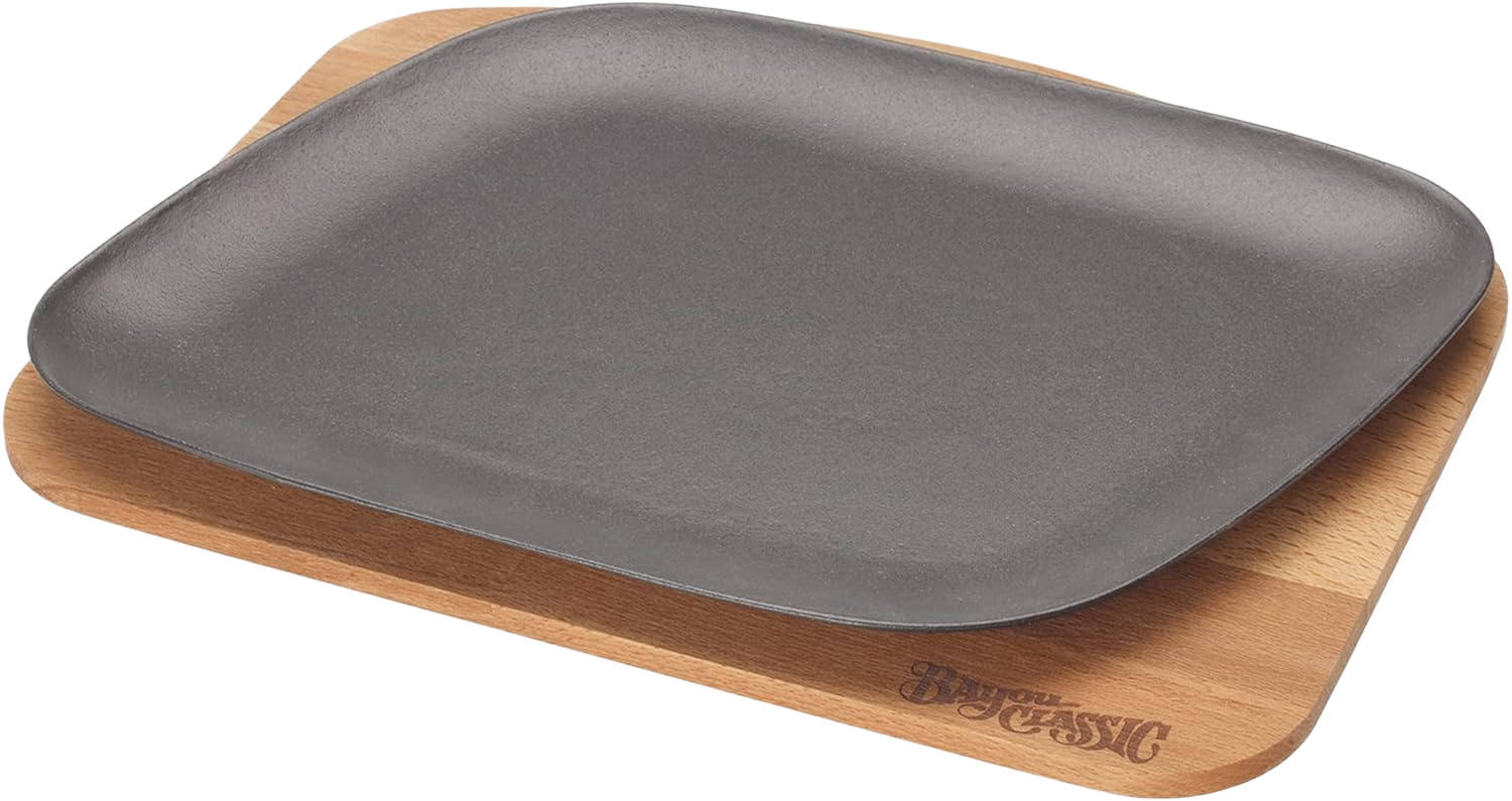 Bayou Classic 7780B Black Enameled Cast Iron Fajita Pan Features Wooden Trivet 12-in Length Perfect For Skirt Steak Chicken Veggie Fajitas and More