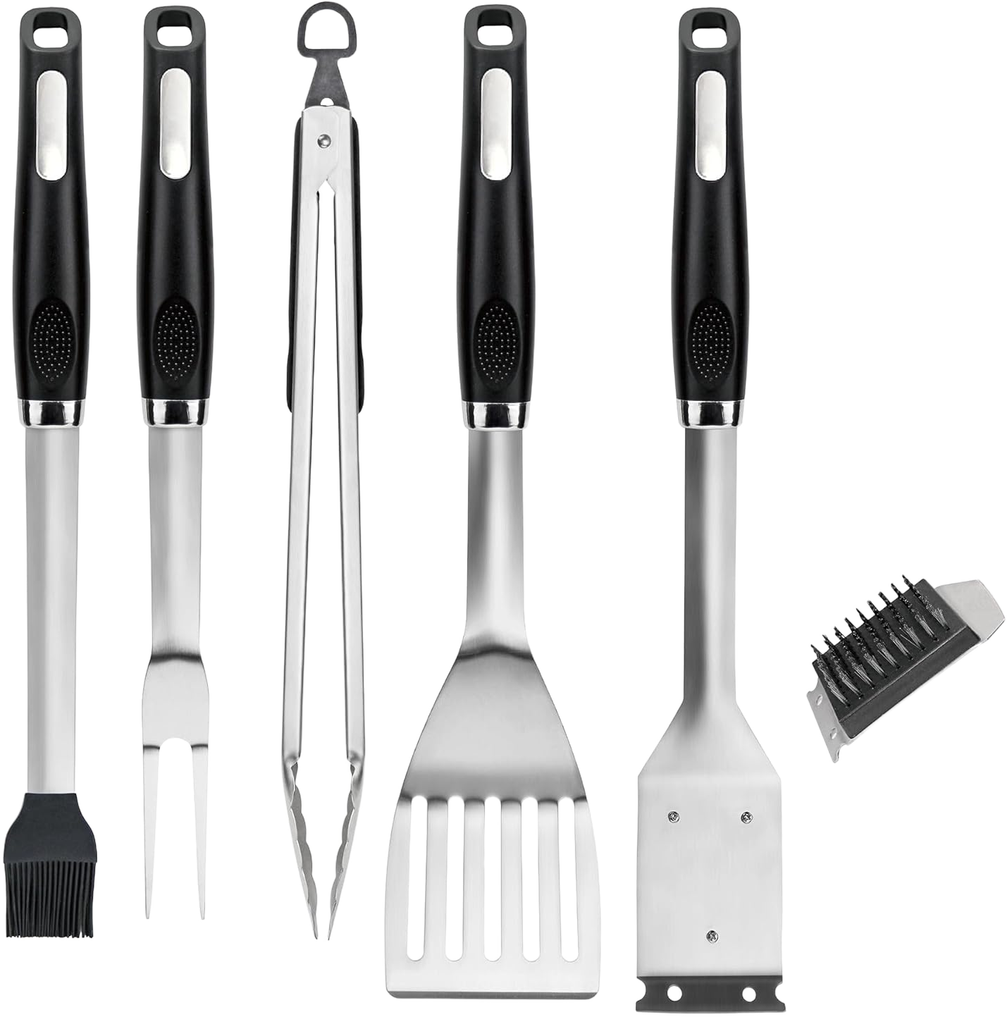 5PCS BBQ Grilling Accessories Stainless Steel Grill Tools Set BBQ Accessories for Outdoor Grill with Clean Brush, Spatula, Fork, Brush & Tongs - Grilling Gifts for Men and Women