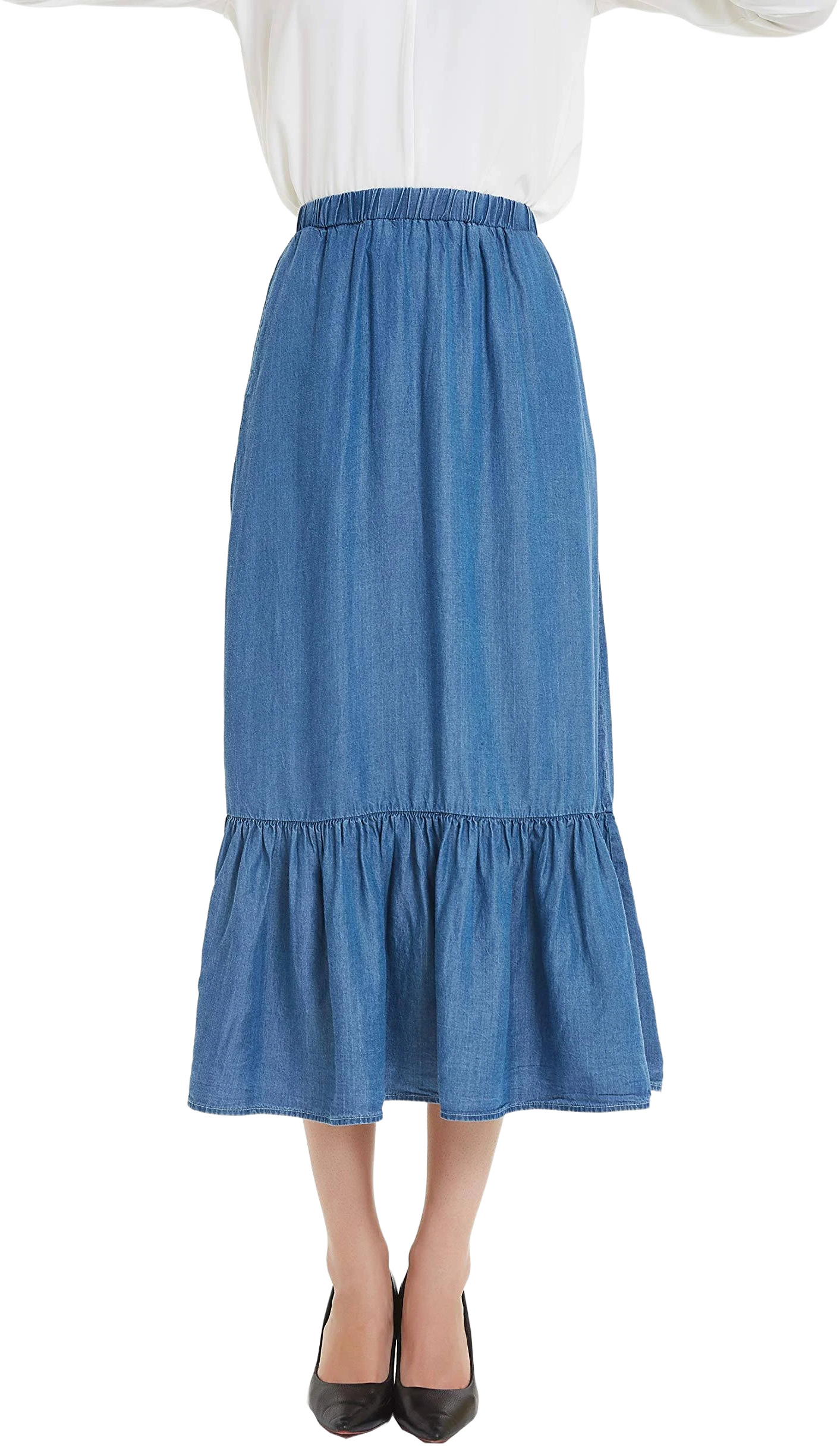 Tronjori Women's Tencel Denim Pleated Hem Midi Skirt
