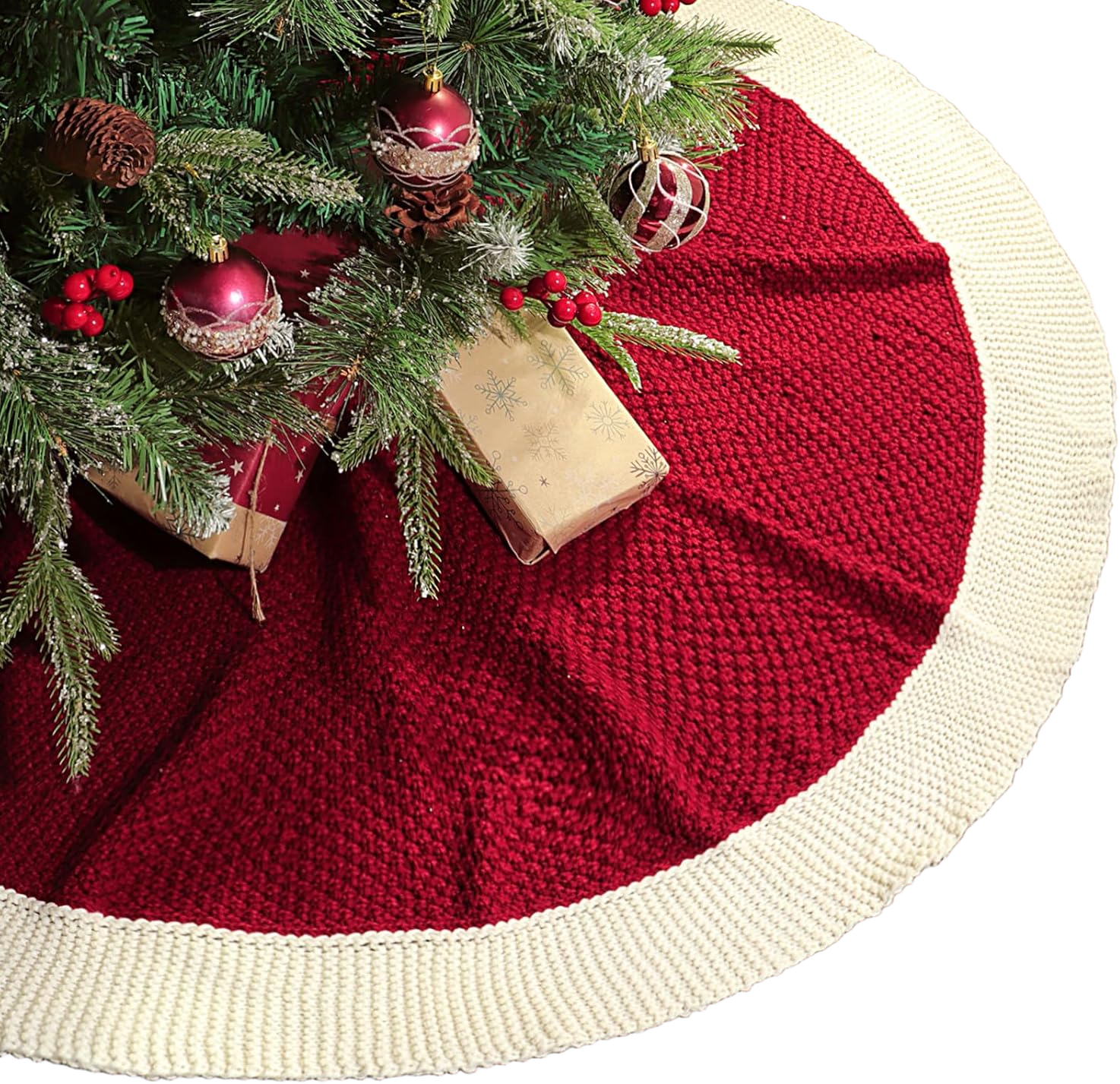 LimBridge Knitted Christmas Tree Skirt: 48 Inches Red Tree Skirt with White Edge, Linen Knit Thick Rustic Christmas Tree Decorations, Farmhouse Christmas Decor Xmas Holiday Home Party Decorations