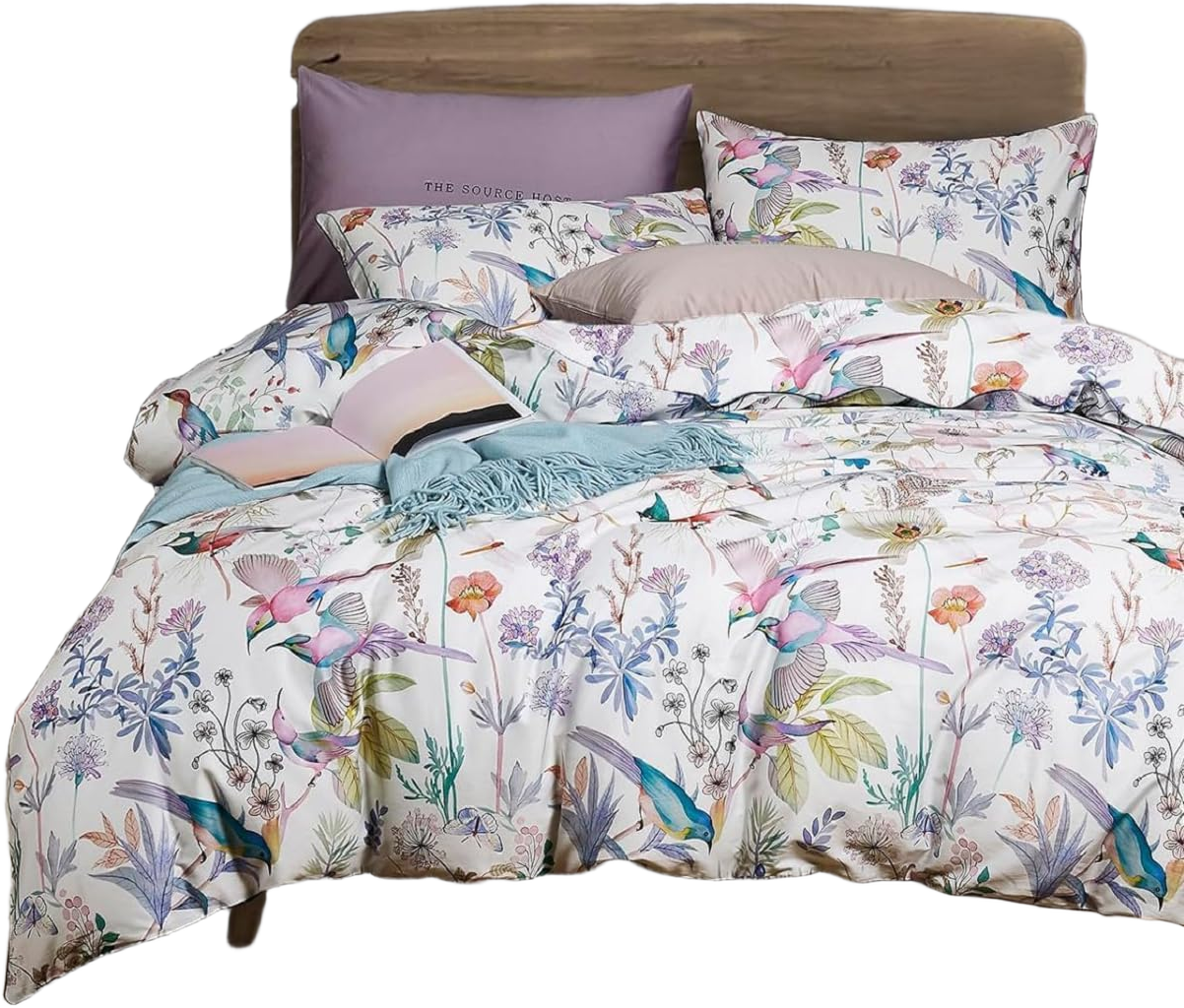 Garden Style Twin XL Comforter Set Vibrant Colors Flower Bird Comforter Botanical Purple Floral Bedding Comforter Set Vintage Bird Flower Pattern Fluffy Comforter with 2 Pillowcases for Girls Women Twin XL (68"x90") Chic Flower Bird