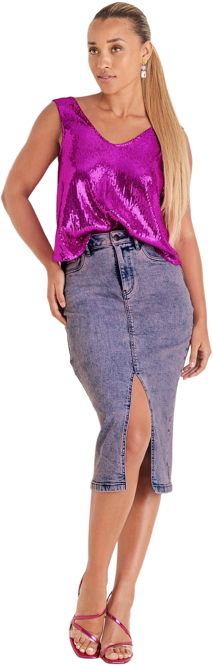 Venus Women's Acid Wash Denim Midi Skirt