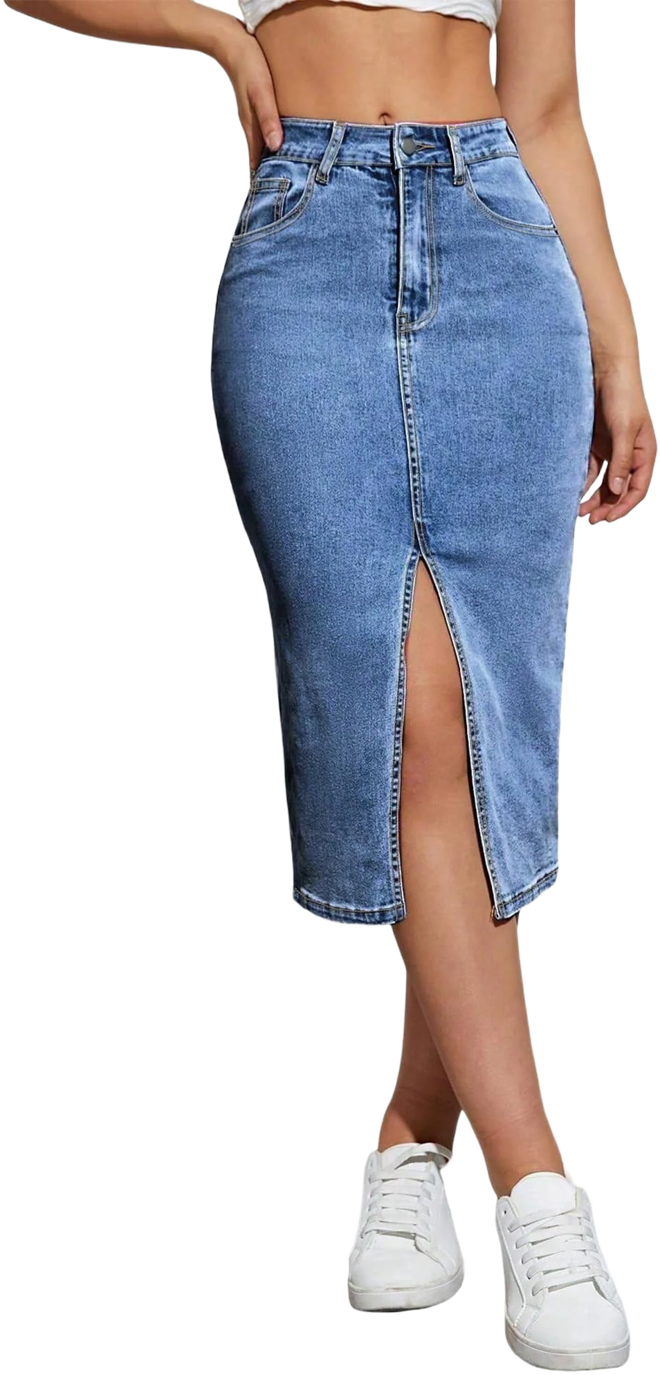 Women's Mid Long High Waist Denim Pencil Skirt with Split Hem