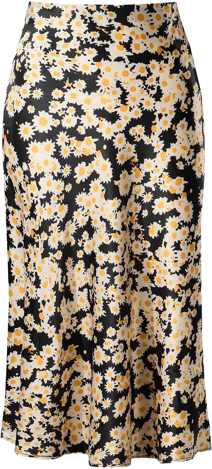 Women's Floral Silk Satin High Waisted Midi Skirt