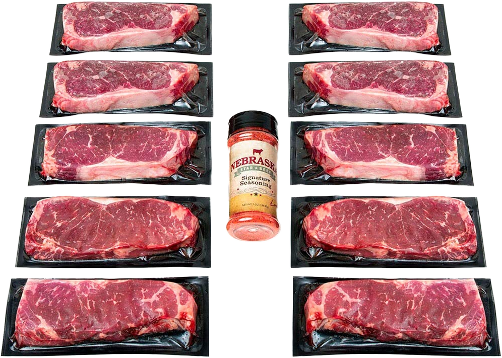 Nebraska Star Beef 12oz NY Strip 10 pack - Signature Seasoning - All Natural Steaks, steak, flank steak, skirt steak, ribeye steaks, steak meat, steaks