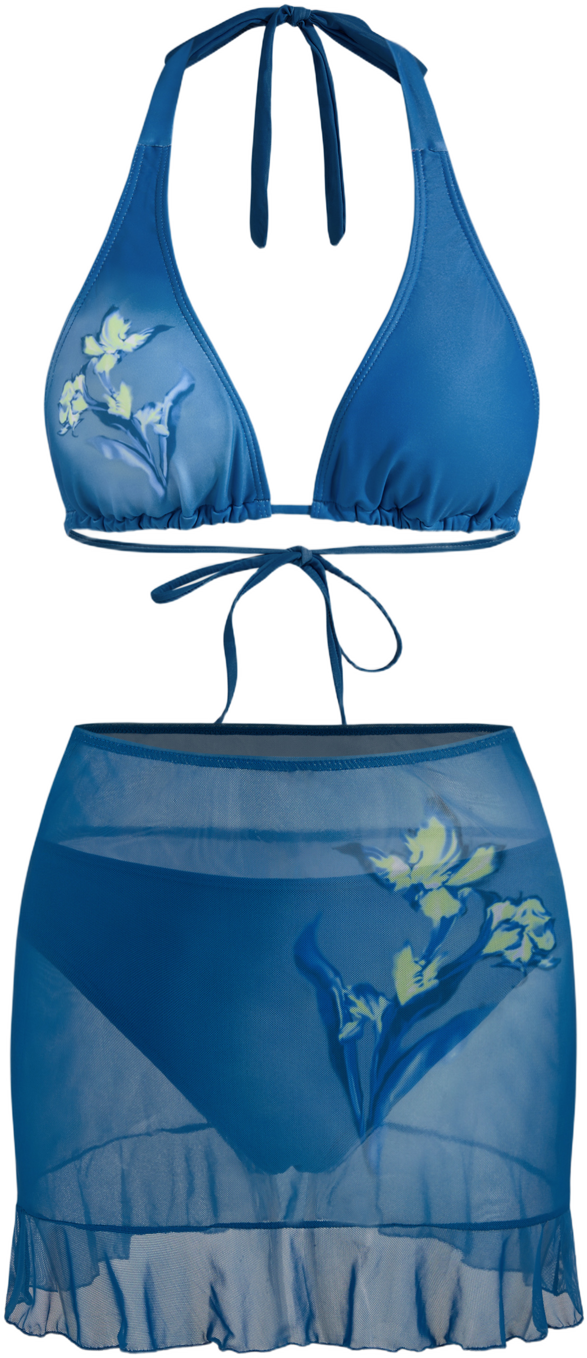 V-neck Floral Halter Cheeky Bikini Swimsuit With Floral Cover Up Skirt