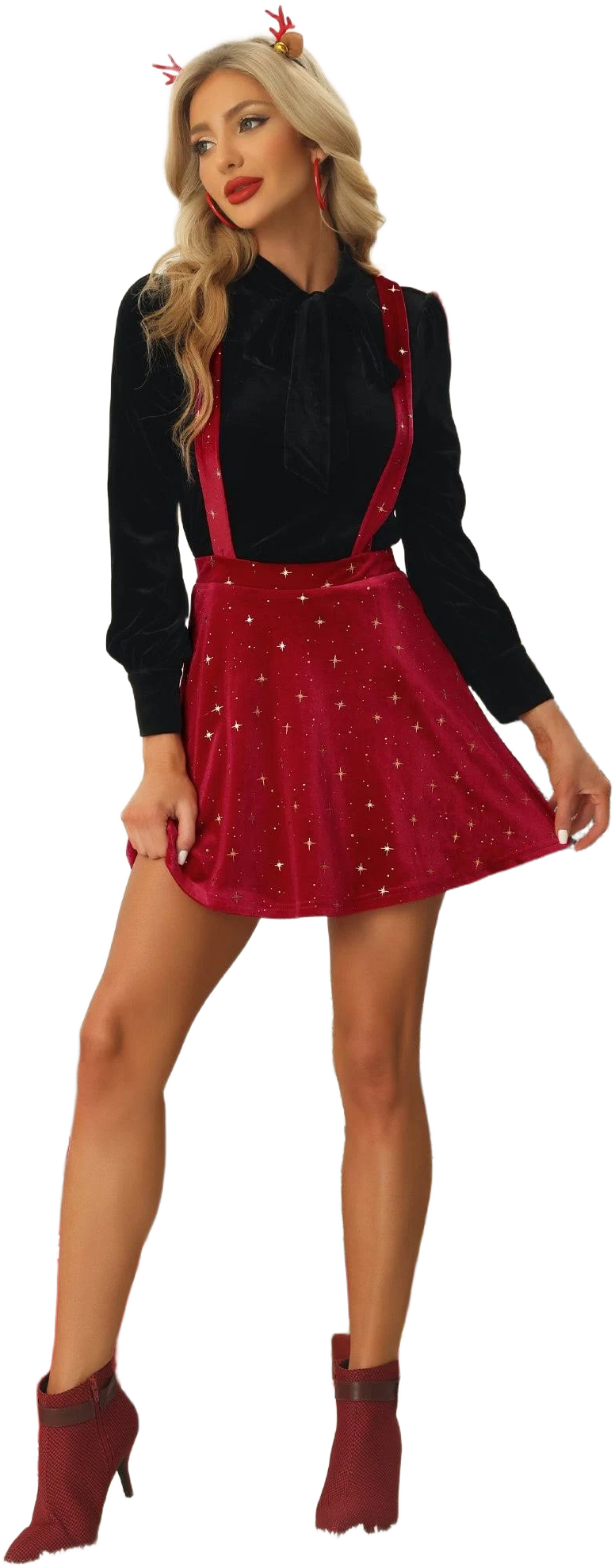 Allegra K Women's Velvet Star Printed High Waist Suspender Skirt